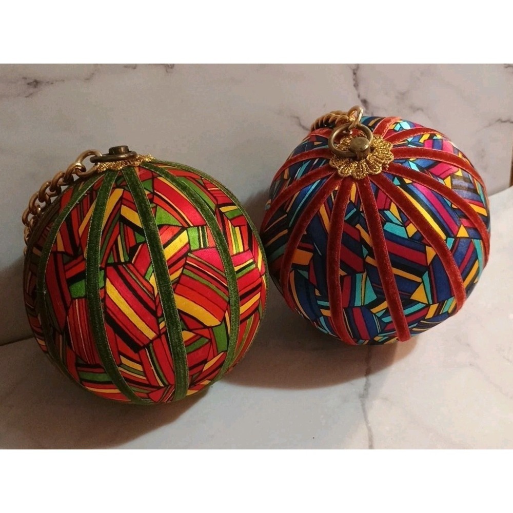Pair Of Large Silk‎ Thread Velveteen Ball Ornaments 5" Vibrant Colors Beautiful